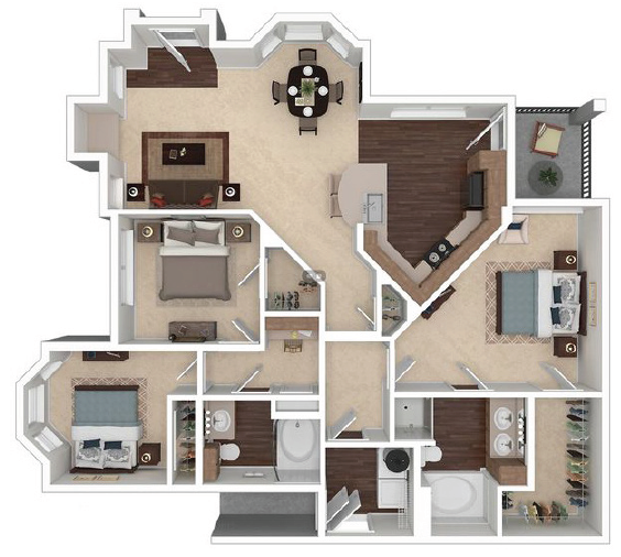 Floor plan for 3 beds, 2 baths, 1365 sqft